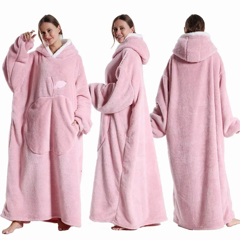 Extra Long Wearable Blankets Winter Flannel Hooded Blanket Men Women Cozy Soft Throw Adult TV Blanket Cold-Proof Home Clothes